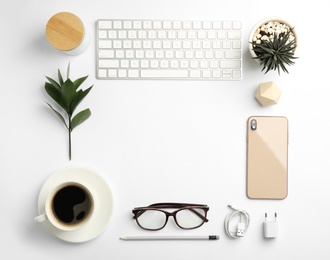 Composition with computer keyboard on white background, flat lay Photo of Composition with computer keyboard on white background, flat lay