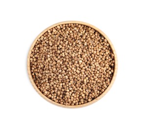 Dried coriander seeds in wooden bowl on white background, top view Photo of Dried coriander seeds in wooden bowl on white background, top view