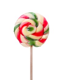Stick with colorful lollipop swirl isolated on white Photo of Stick with colorful lollipop swirl isolated on white