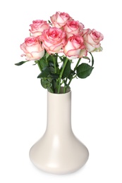 Beige vase with beautiful pink roses isolated on white Photo of Beige vase with beautiful pink roses isolated on white
