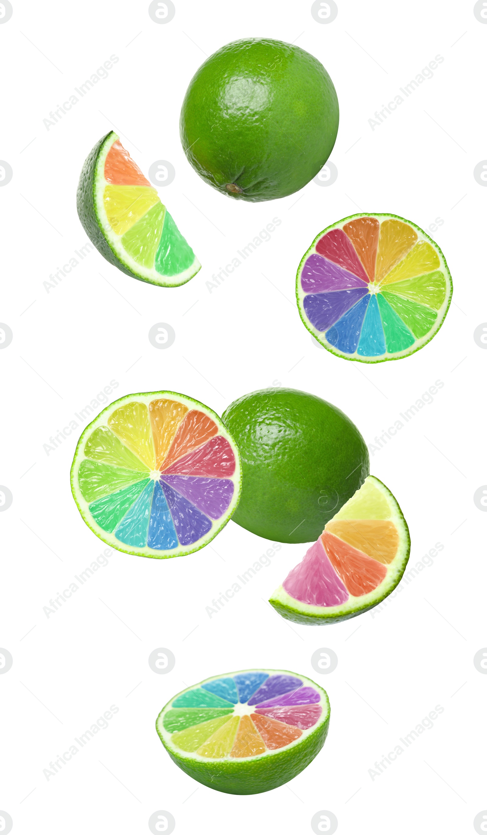Fresh limes with rainbow segments falling on white background. Brighten your life Image of Fresh limes with rainbow segments falling on white background. Brighten your life
