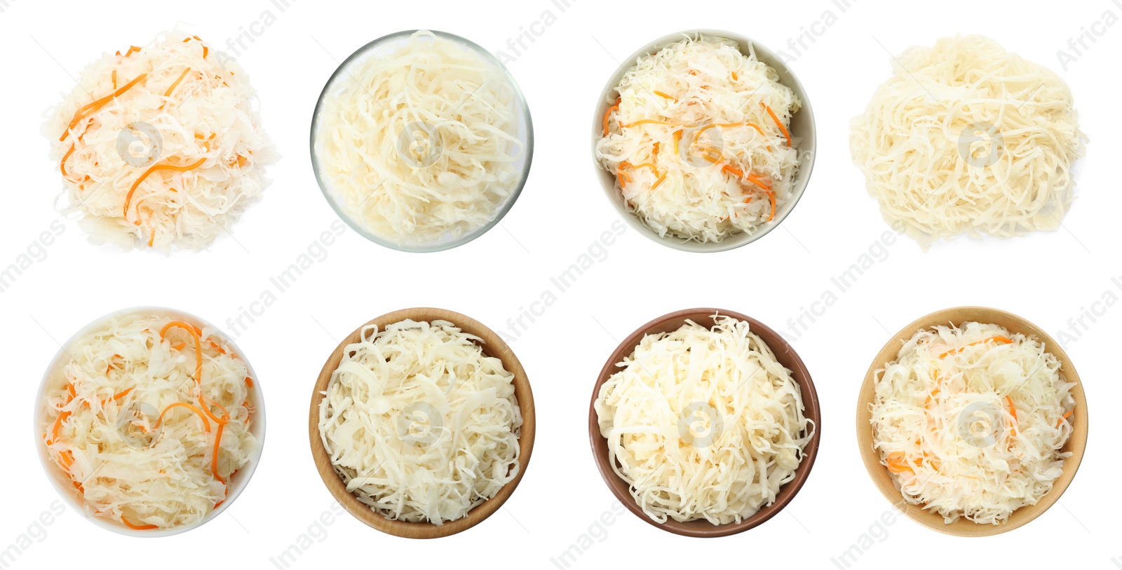 Set of tasty fermented cabbage isolated on white, top view Image of Set of tasty fermented cabbage isolated on white, top view