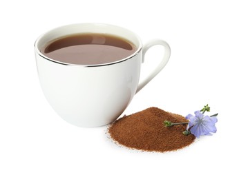Photo of Cup of delicious chicory drink, powder and flower on white background