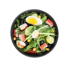 Tasty crab stick salad in bowl isolated on white, top view Photo of Tasty crab stick salad in bowl isolated on white, top view