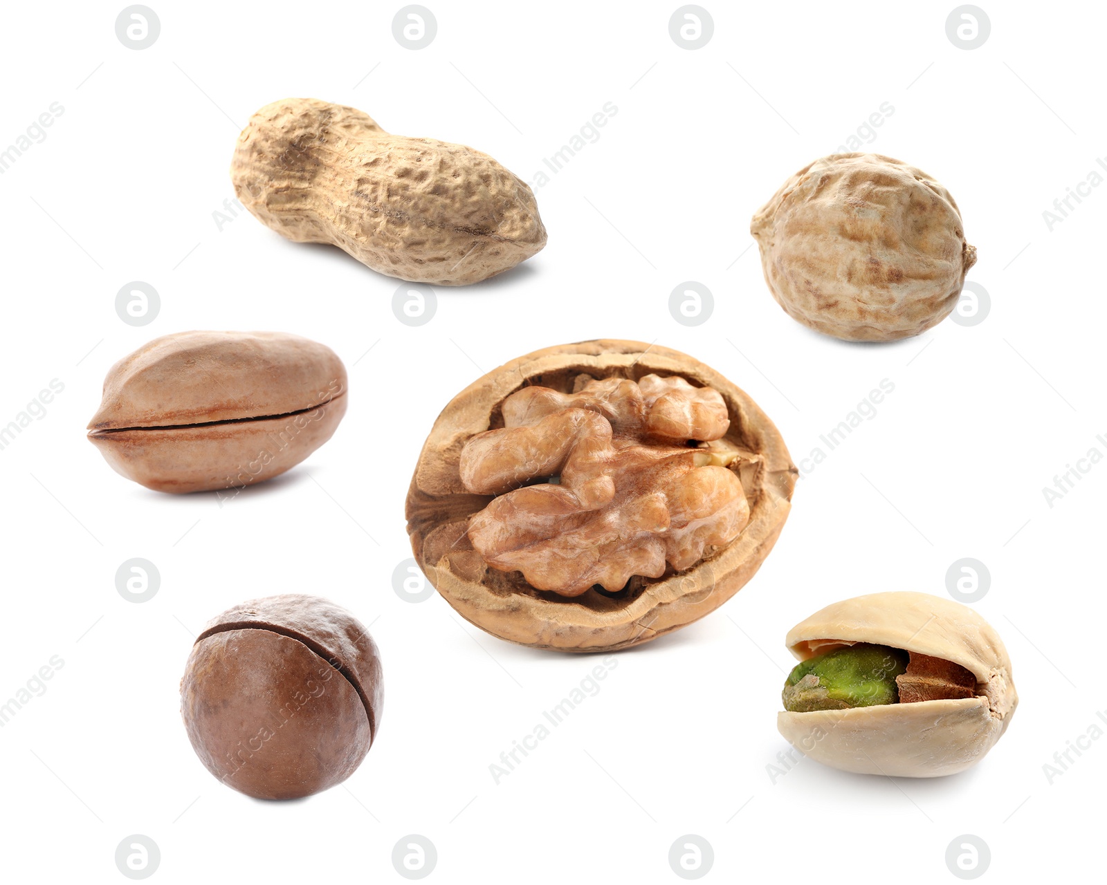 Set with different tasty nuts on white background Image of Set with different tasty nuts on white background