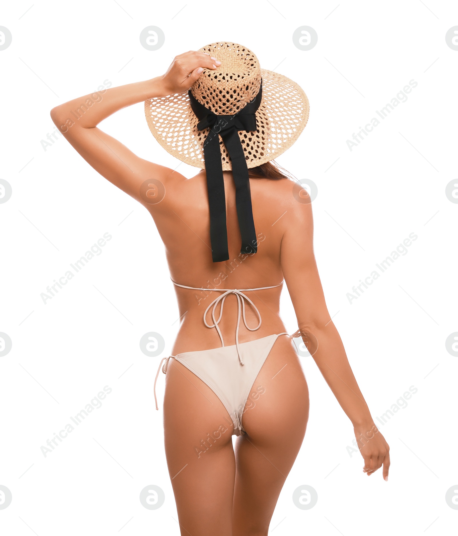 Beautiful woman in stylish bikini on white background, back view Photo of Beautiful woman in stylish bikini on white background, back view