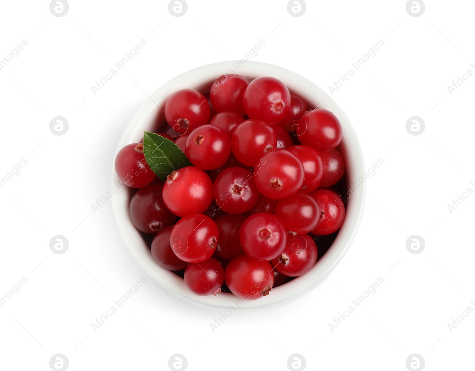 Fresh ripe cranberries with leaf in bowl on white background, top view Photo of Fresh ripe cranberries with leaf in bowl on white background, top view