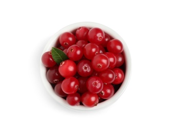 Fresh ripe cranberries with leaf in bowl on white background, top view Photo of Fresh ripe cranberries with leaf in bowl on white background, top view