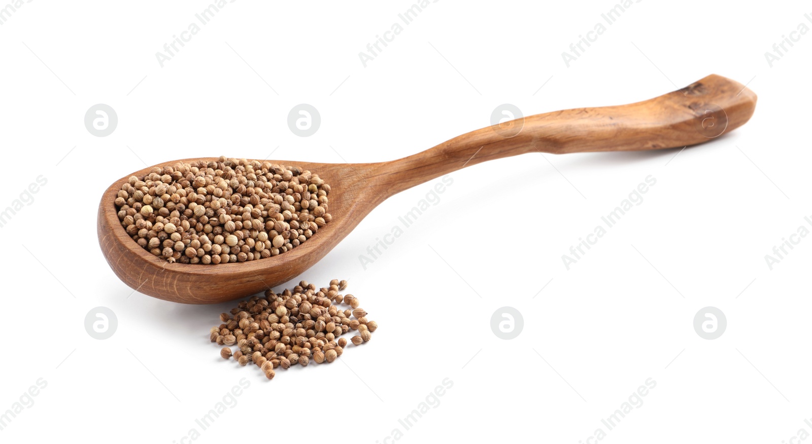 Dried coriander seeds with wooden spoon on white background Photo of Dried coriander seeds with wooden spoon on white background