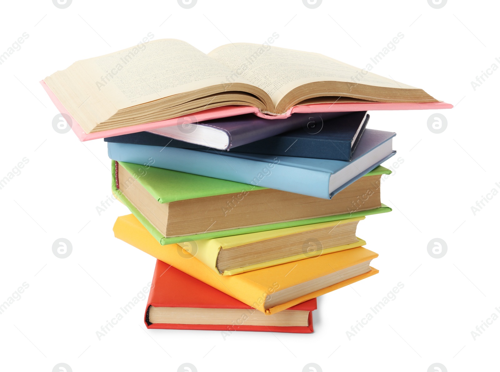 Photo of Many colorful hardcover books on white background