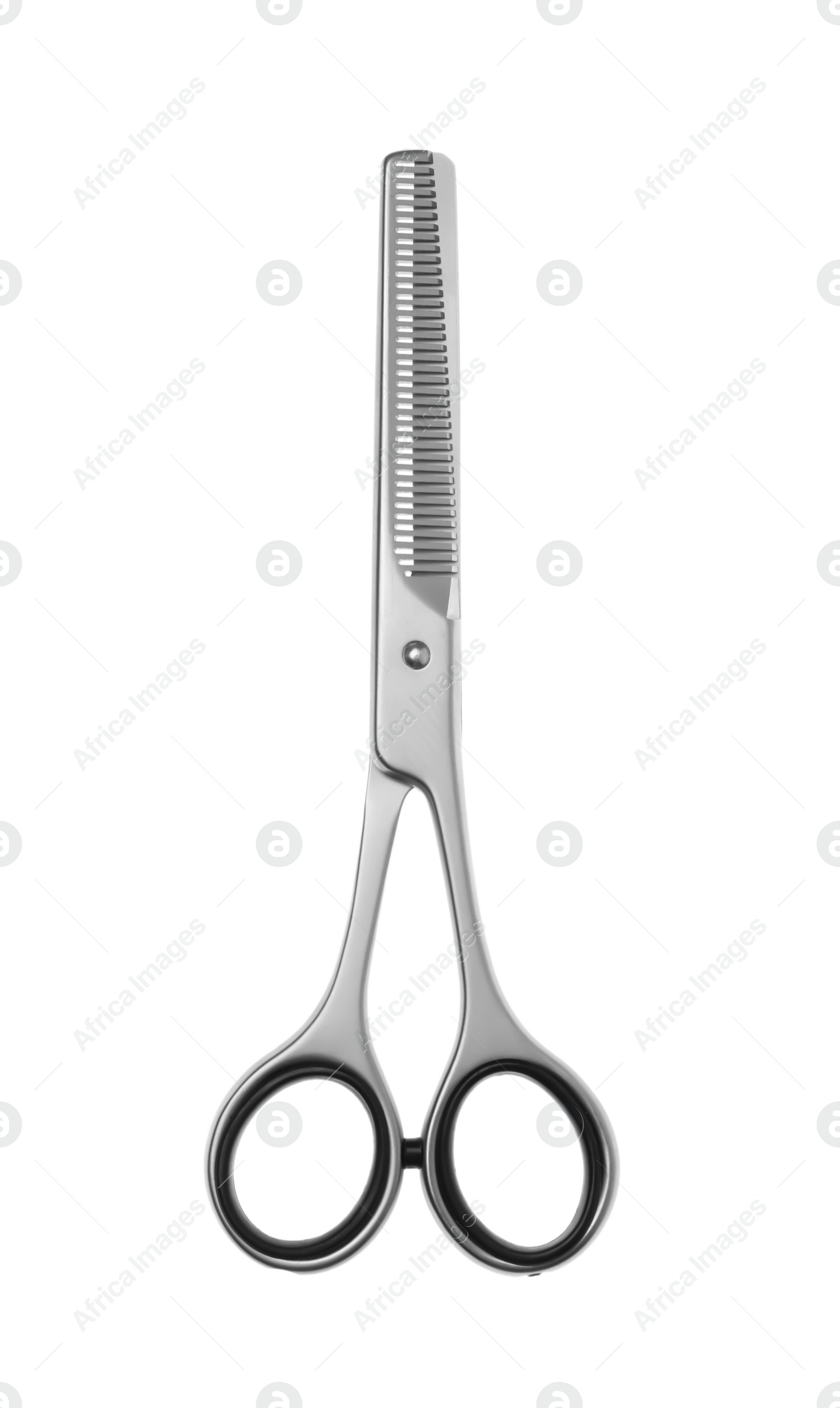 Professional hairdresser thinning scissors isolated on white. Haircut tool Photo of Professional hairdresser thinning scissors isolated on white. Haircut tool
