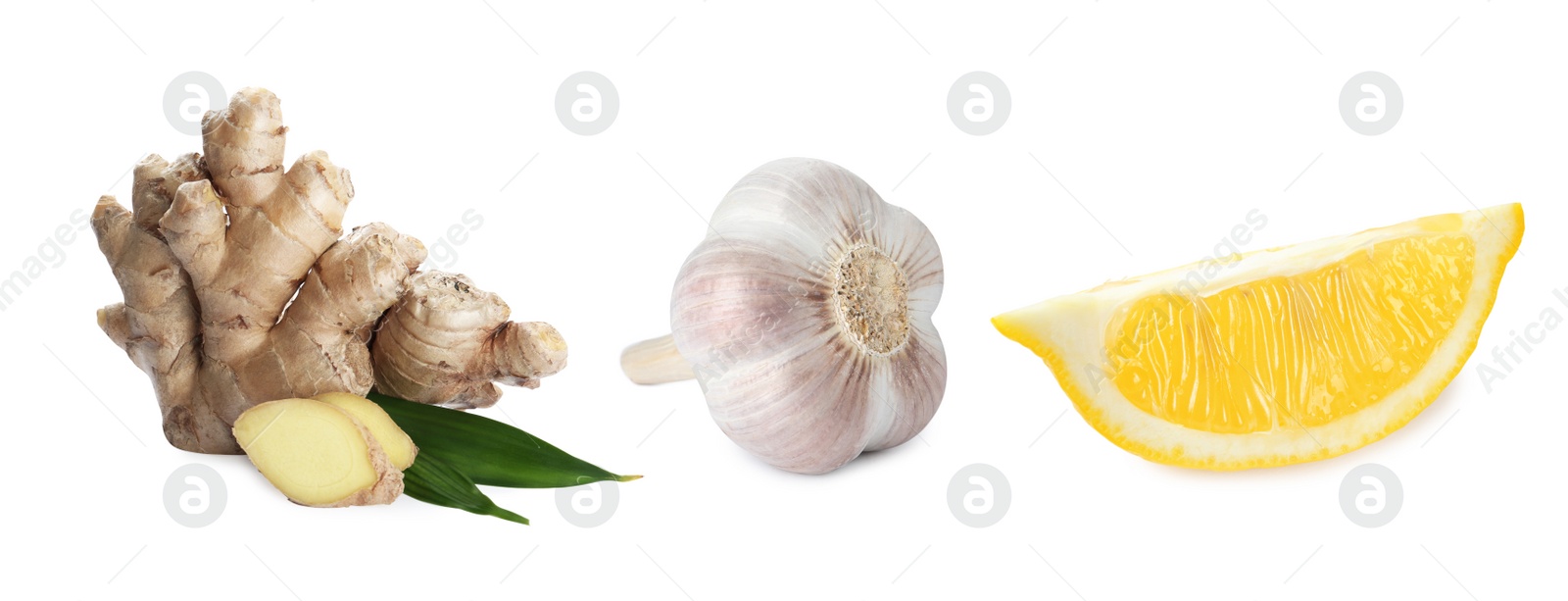 Ginger root, garlic and lemon on white background. Banner design Image of Ginger root, garlic and lemon on white background. Banner design