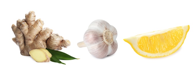 Ginger root, garlic and lemon on white background. Banner design Image of Ginger root, garlic and lemon on white background. Banner design