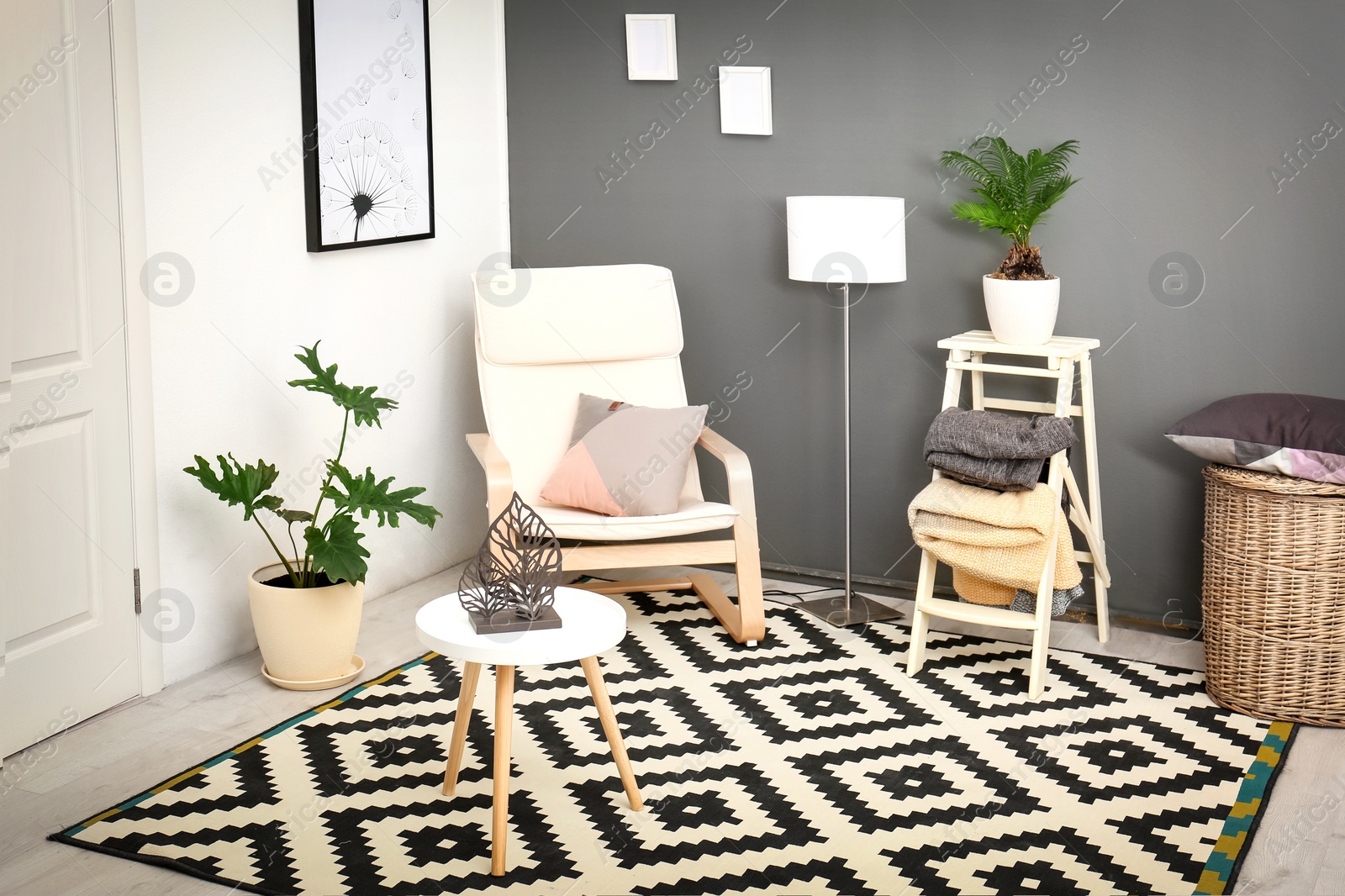 Stylish interior design with tropical leaves Photo of Stylish interior design with tropical leaves