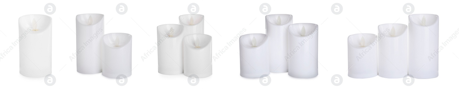 Set with decorative flameless LED candles on white background. Banner design Image of Set with decorative flameless LED candles on white background. Banner design