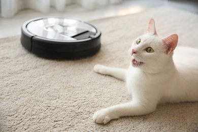 Modern robotic vacuum cleaner and cute cat on floor indoors Photo of Modern robotic vacuum cleaner and cute cat on floor indoors