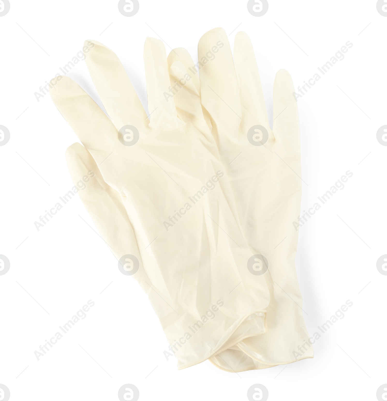 Photo of Pair of medical gloves isolated on white, top view