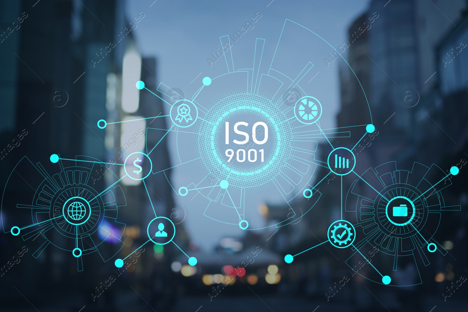 International Organization for Standardization (ISO 9001). Different virtual icons and blurred view of cityscape on background Image of International Organization for Standardization (ISO 9001). Different virtual icons and blurred view of cityscape on background