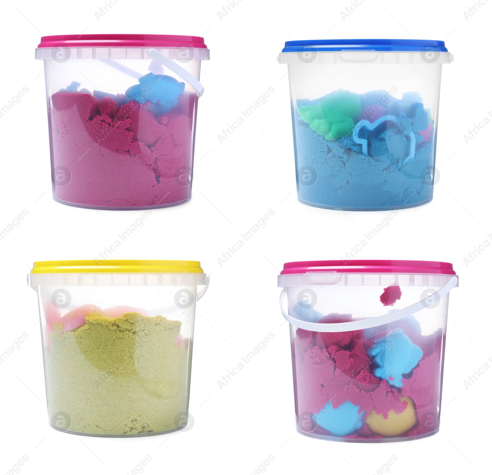 Image of Set with kinetic sand and toys in buckets on white background 