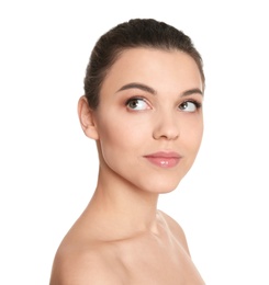 Young woman with beautiful makeup on white background. Professional cosmetic products Photo of Young woman with beautiful makeup on white background. Professional cosmetic products