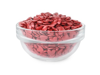 Bright heart shaped sprinkles in glass bowl isolated on white Photo of Bright heart shaped sprinkles in glass bowl isolated on white