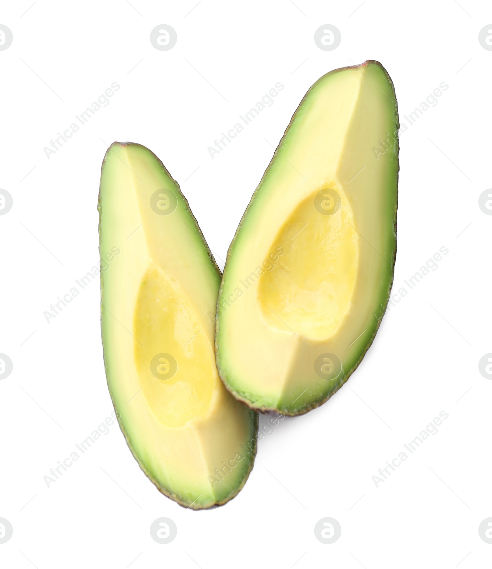 Slices of ripe avocado on white background, top view Photo of Slices of ripe avocado on white background, top view