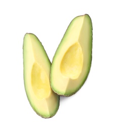 Slices of ripe avocado on white background, top view Photo of Slices of ripe avocado on white background, top view