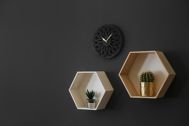 Clock and shelves with beautiful houseplants on black wall, space for text. Interior design Photo of Clock and shelves with beautiful houseplants on black wall, space for text. Interior design
