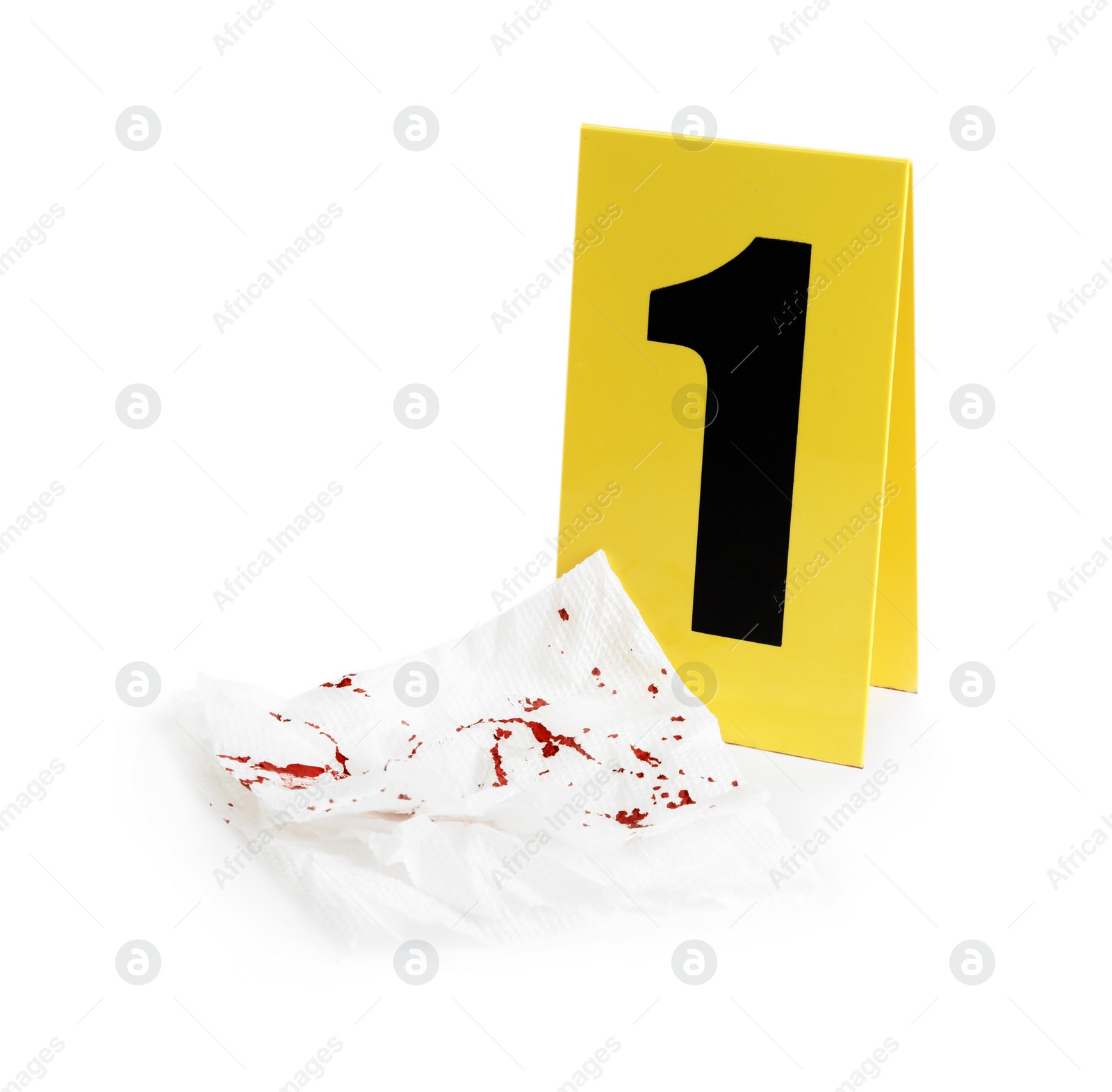 Bloody napkin and crime scene marker with number
one isolated on white Photo of Bloody napkin and crime scene marker with number
one isolated on white