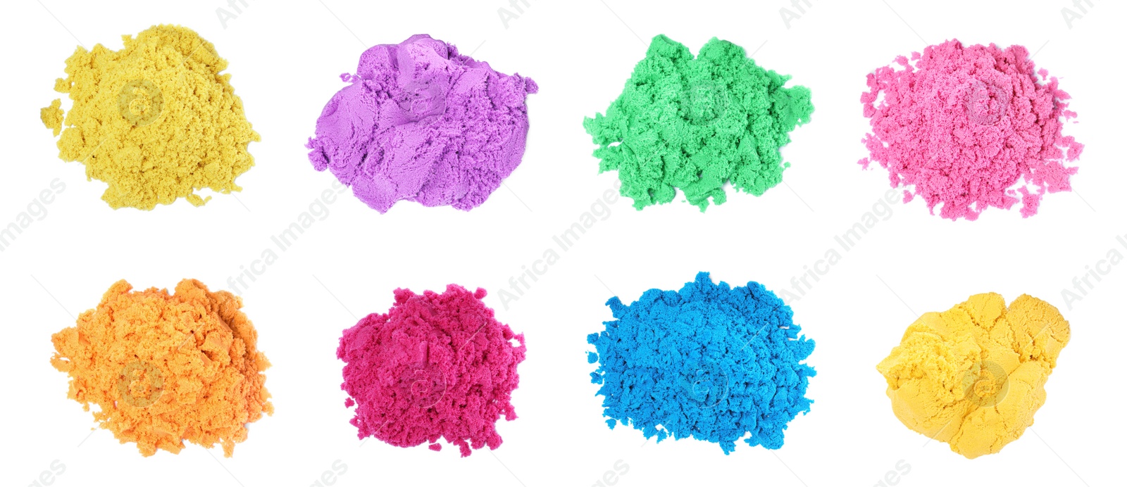 Set with piles of colorful kinetic sand on white background, top view. Banner design Image of Set with piles of colorful kinetic sand on white background, top view. Banner design