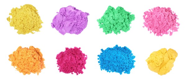 Set with piles of colorful kinetic sand on white background, top view. Banner design Image of Set with piles of colorful kinetic sand on white background, top view. Banner design