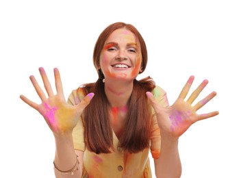 Woman covered with colorful powder dyes on white background. Holi festival celebration Photo of Woman covered with colorful powder dyes on white background. Holi festival celebration
