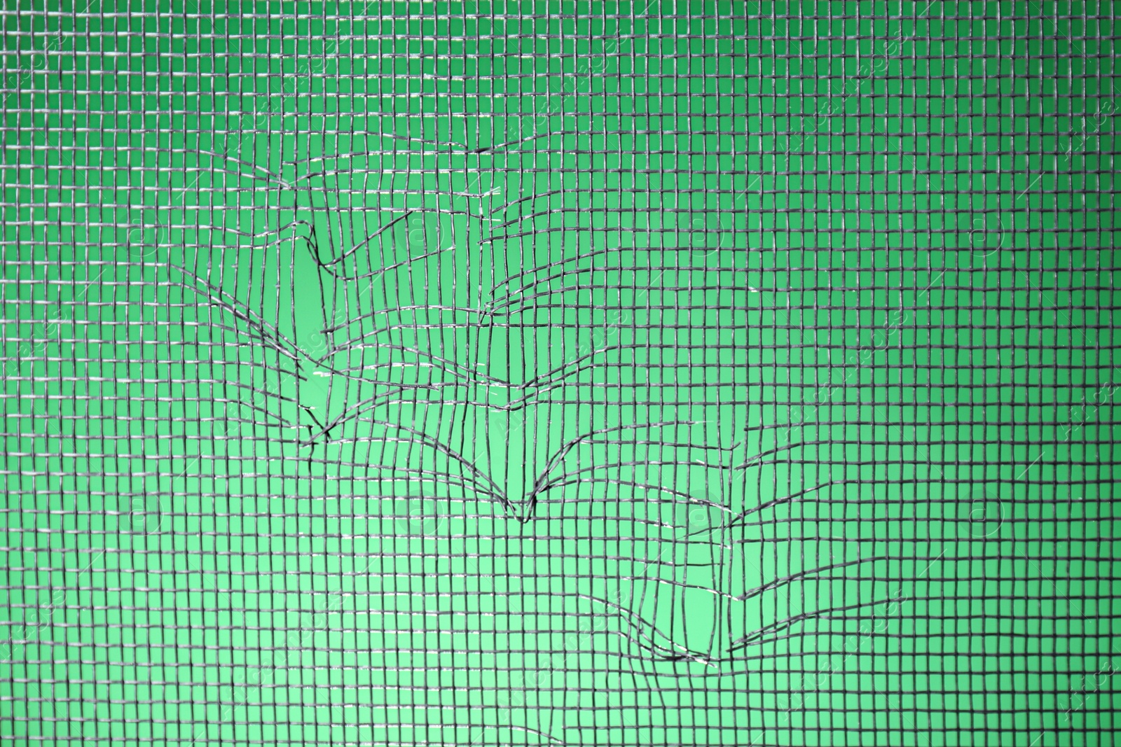Torn window screen against green background, closeup Photo of Torn window screen against green background, closeup