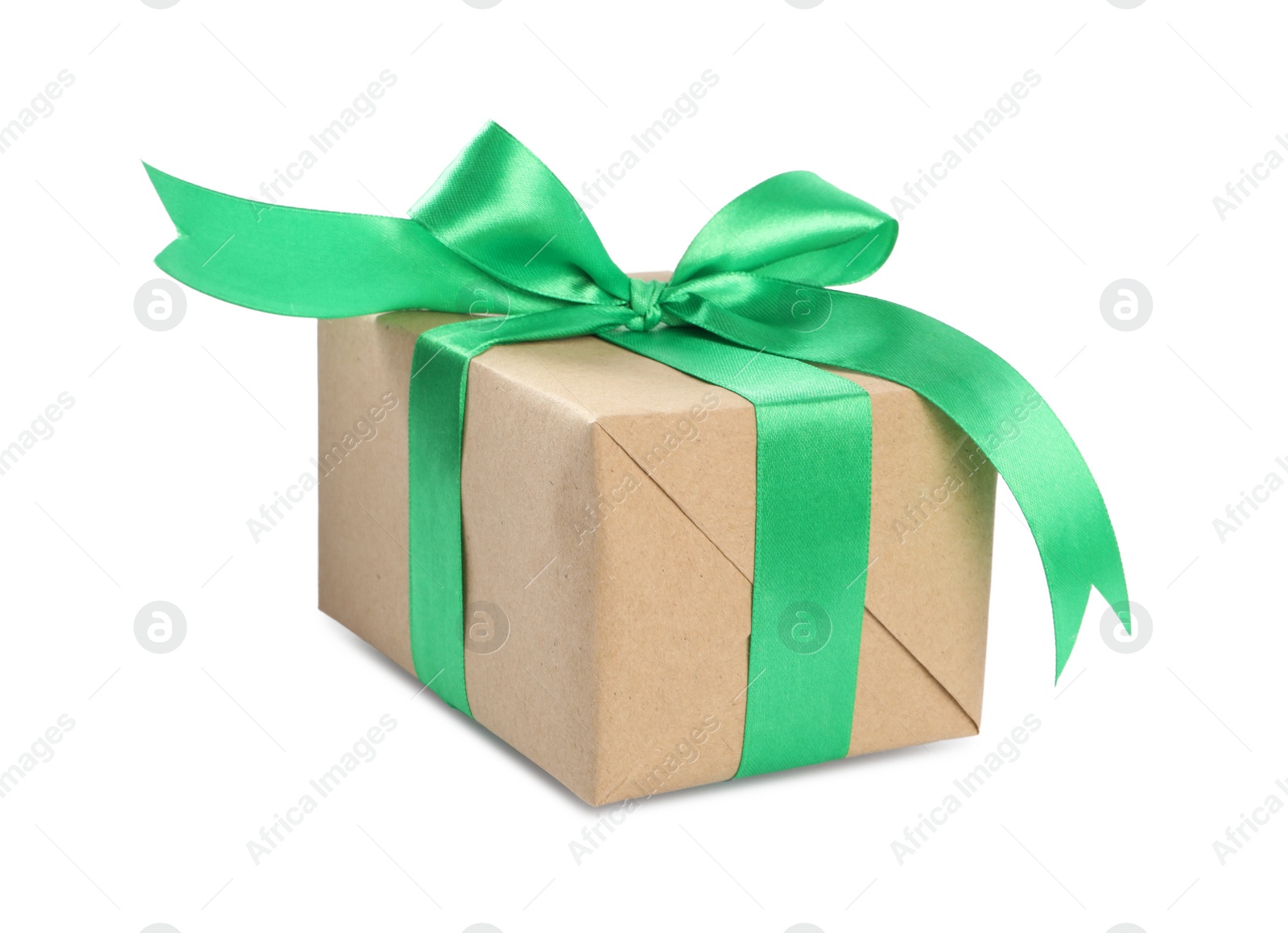 Christmas gift box decorated with green bow isolated on white Photo of Christmas gift box decorated with green bow isolated on white