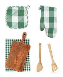 Set with different kitchen utensils and oven glove on white background, top view Image of Set with different kitchen utensils and oven glove on white background, top view