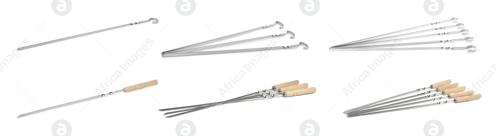 Set with metal skewers on white background. Banner design Image of Set with metal skewers on white background. Banner design