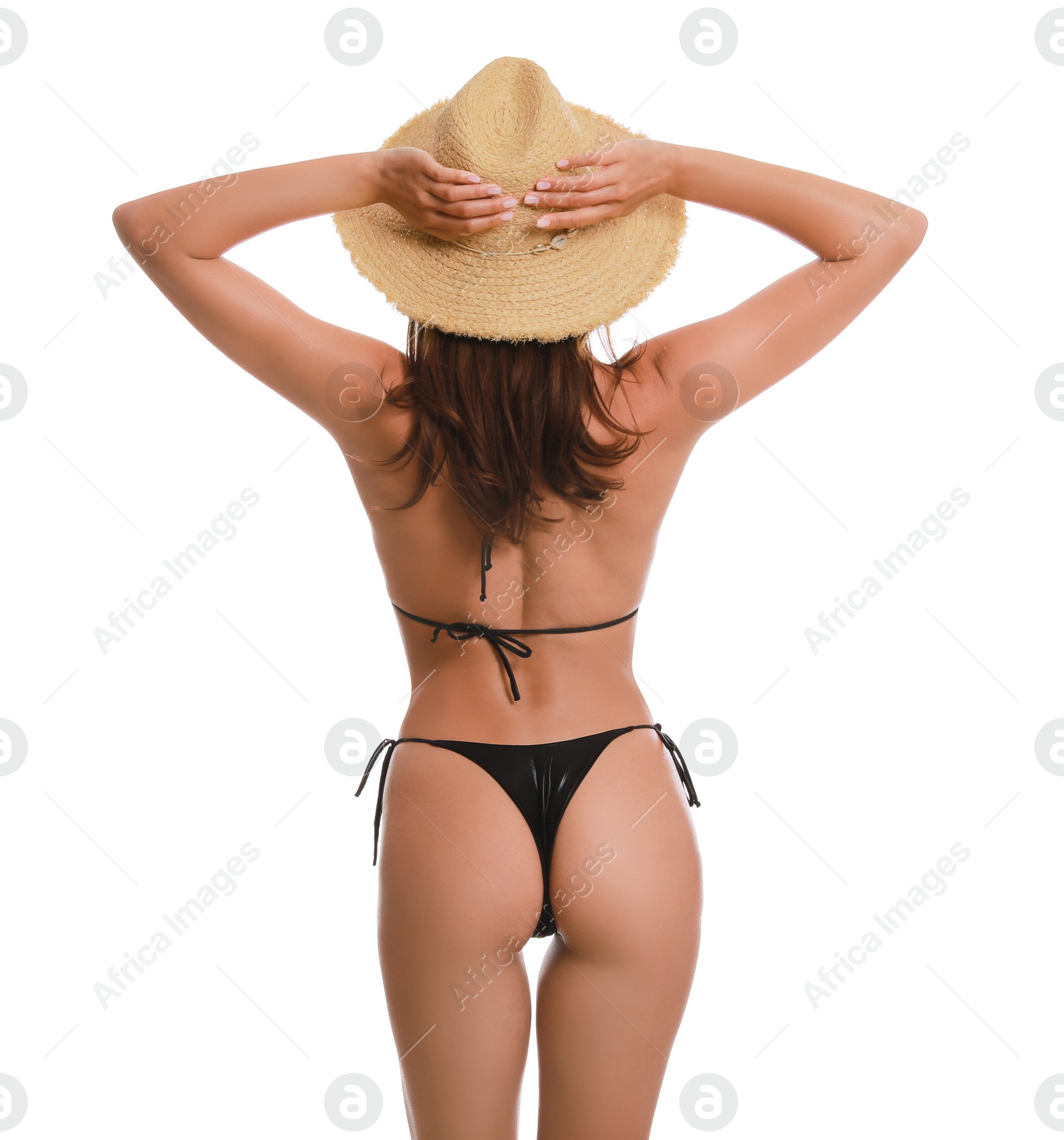 Beautiful woman in stylish bikini on white background, back view Photo of Beautiful woman in stylish bikini on white background, back view