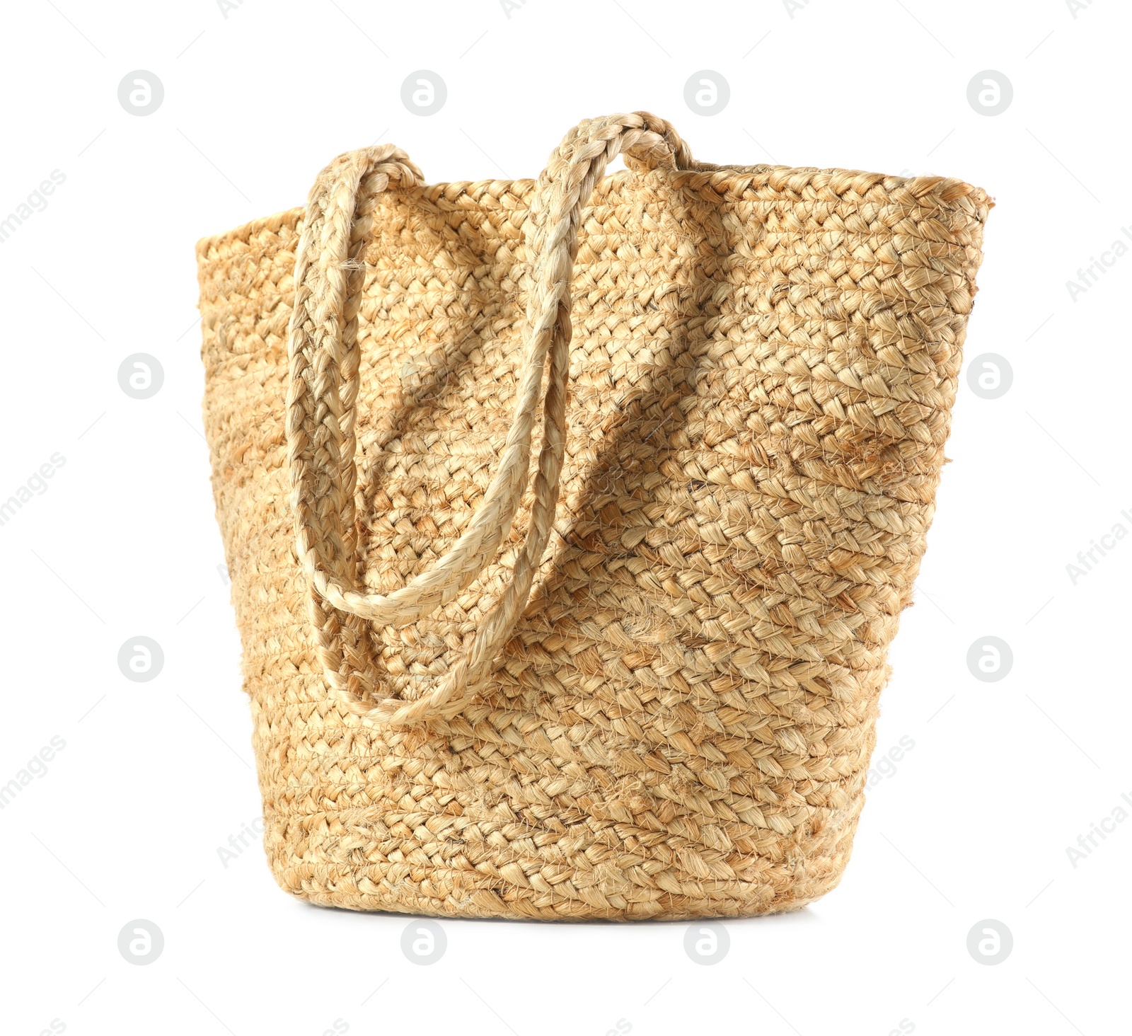 Photo of Stylish straw bag isolated on white. Summer accessory
