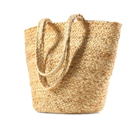 Stylish straw bag isolated on white. Summer accessory Photo of Stylish straw bag isolated on white. Summer accessory