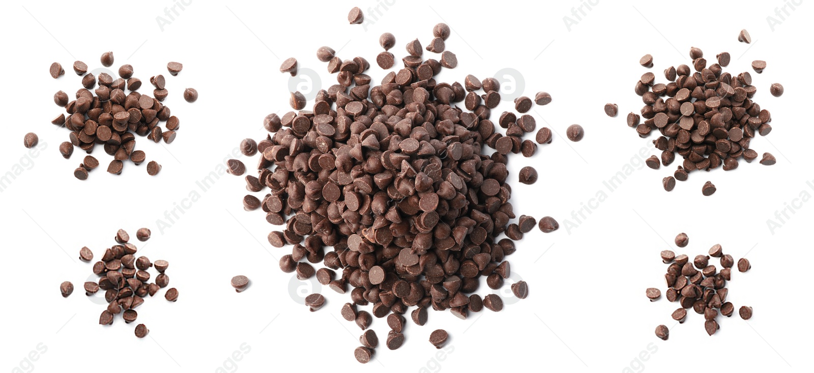 Set of tasty chocolate chips isolated on white, top view Image of Set of tasty chocolate chips isolated on white, top view
