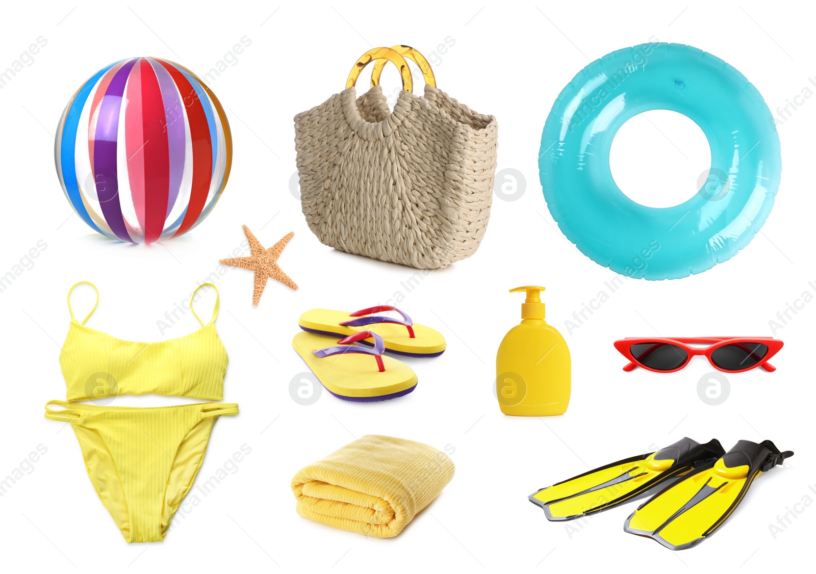 Set with different beach accessories on white background Image of Set with different beach accessories on white background