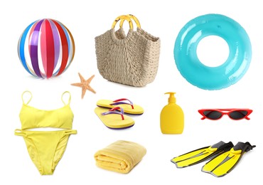 Set with different beach accessories on white background Image of Set with different beach accessories on white background