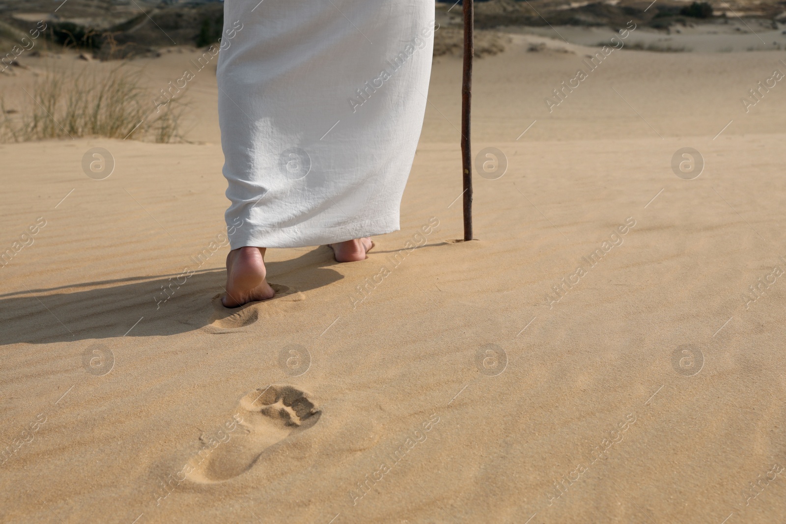 Photo of Jesus Christ walking in desert, closeup view