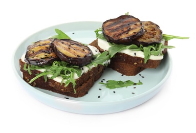 Delicious fresh eggplant sandwiches on white background Photo of Delicious fresh eggplant sandwiches on white background