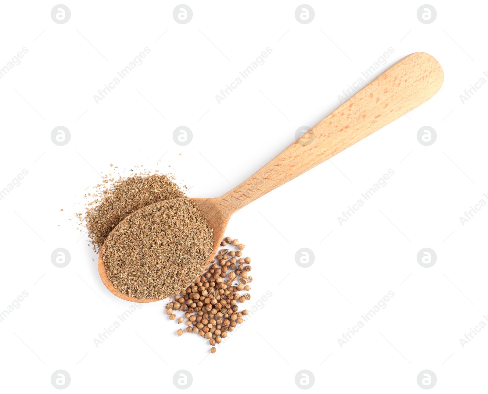 Wooden spoon with powdered coriander and corns on white background, top view Photo of Wooden spoon with powdered coriander and corns on white background, top view