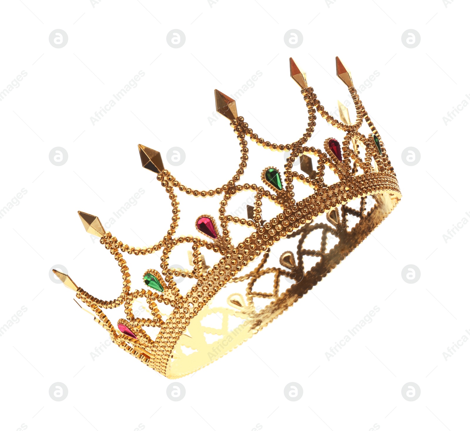 Photo of Beautiful golden crown on white background. Fantasy item