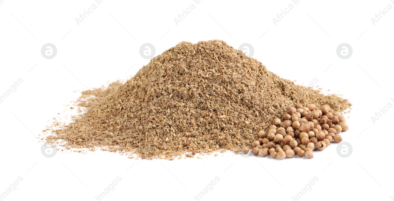Powdered coriander and corns isolated on white Photo of Powdered coriander and corns isolated on white