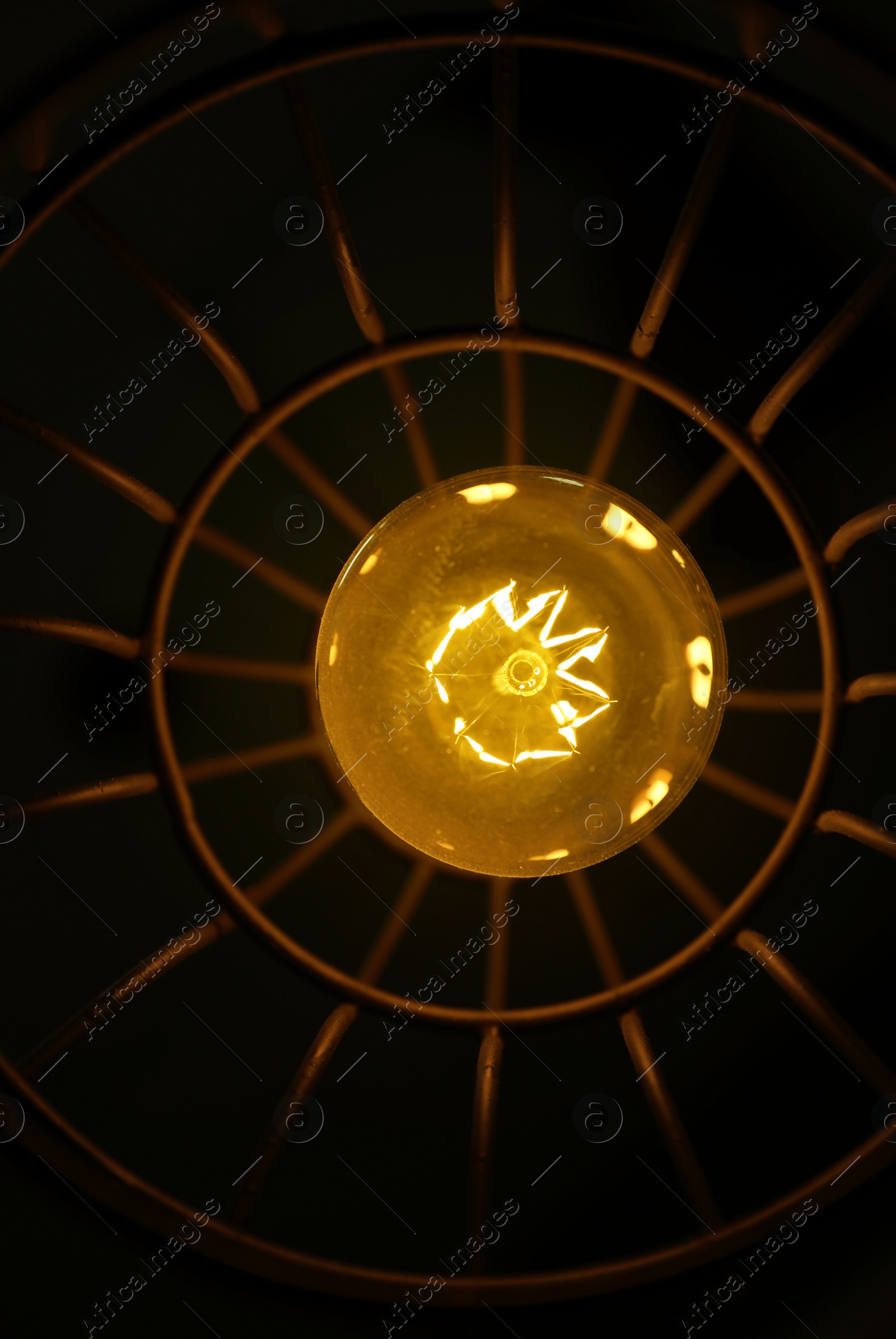 Stylish metallic pendant lamp with Edison light bulb indoors, bottom view Image of Stylish metallic pendant lamp with Edison light bulb indoors, bottom view