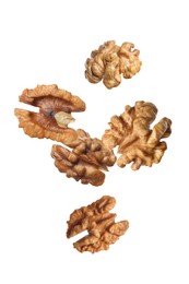 Halves of walnuts falling on white background Image of Halves of walnuts falling on white background