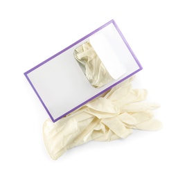 Box of new medical gloves isolated on white, top view Photo of Box of new medical gloves isolated on white, top view